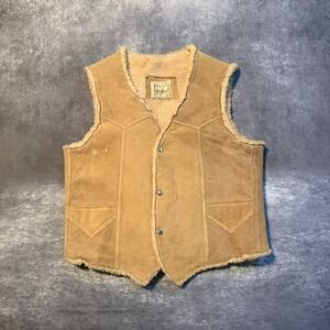 VTG Steer Brand Western Suede Leather Vest Mens Large Tan Sherpa Lined Cowboy